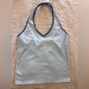 American Eagle Light Blue Ribbed Halter Tank with Navy Trim